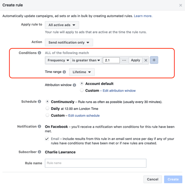 Χρησιμοποιήστε αυτοματοποιημένους κανόνες Facebook, ειδοποίηση όταν η συχνότητα διαφήμισης υπερβαίνει το 2.1, βήμα 2, ρυθμίσεις συνθηκών