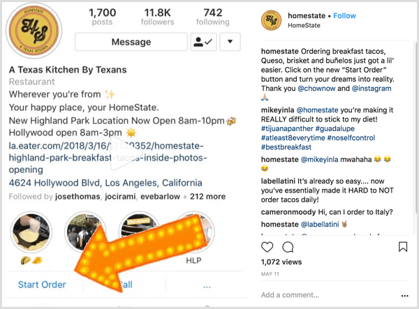 παράδειγμα της επιχειρηματικής ανάρτησης Instagram που δείχνει στους χρήστες πώς να χρησιμοποιούν το κουμπί Έναρξη παραγγελίας