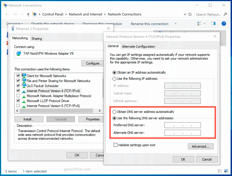 Το παράθυρο ρυθμίσεων DNS για μια σύνδεση δικτύου στα Windows 10
