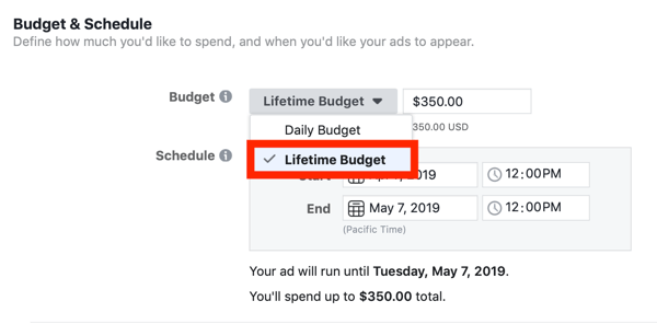 Συμβουλές για τη μείωση του κόστους διαφήμισης στο Facebook, επιλογή ρύθμισης του προϋπολογισμού καμπάνιας σε προϋπολογισμό διάρκειας ζωής