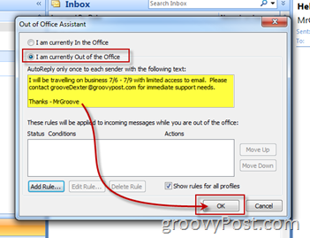 Ενεργοποίηση Ενεργοποίηση του Microsoft Outlook Out of Office Assistant Auto-Reply