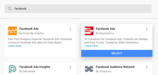 Χρησιμοποιήστε το Google Data Studio για να αναλύσετε τις διαφημίσεις σας στο Facebook, βήμα 4, επιλογή για χρήση της εφαρμογής σύνδεσης διαφημίσεων Facebook από την Supermetrics ως πηγή δεδομένων σας