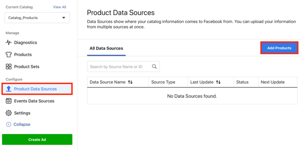 Χρησιμοποιήστε το Εργαλείο ρύθμισης εκδηλώσεων Facebook, βήμα 22, επιλογή μενού για να προσθέσετε προϊόντα μέσω της καρτέλας Πηγές δεδομένων προϊόντος στο Facebook