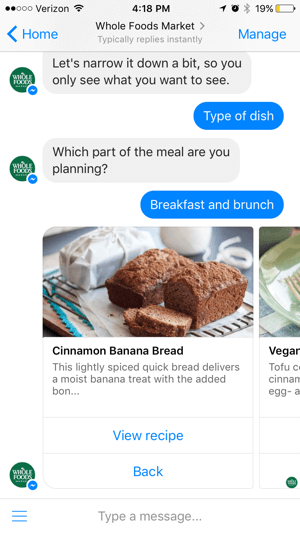 Το chatbot Whole Foods προσφέρει αξία μέσω περιεχομένου και όχι πώλησης απευθείας σε χρήστες.