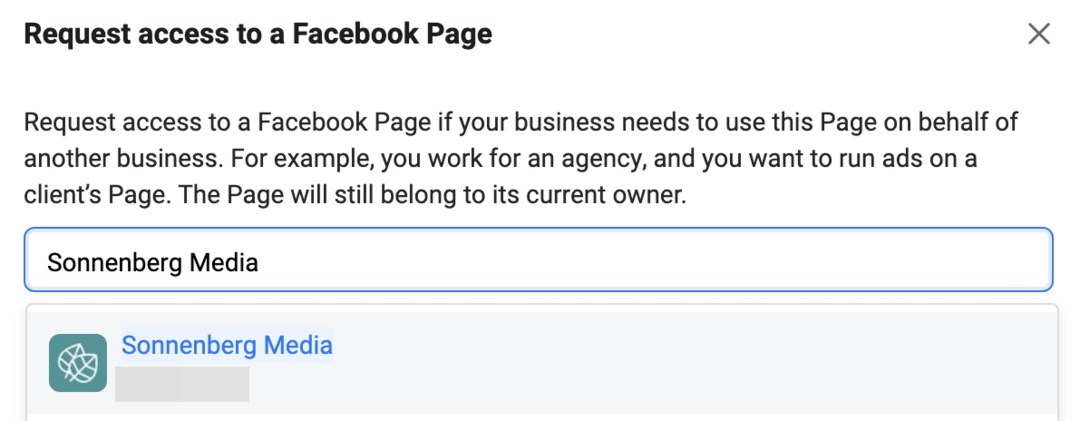 εικόνα Αίτημα πρόσβασης σε οθόνη σελίδας Facebook στο Meta Business Manager
