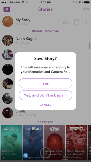 Πατήστε Ναι για να αποθηκεύσετε την ιστορία του Snapchat.