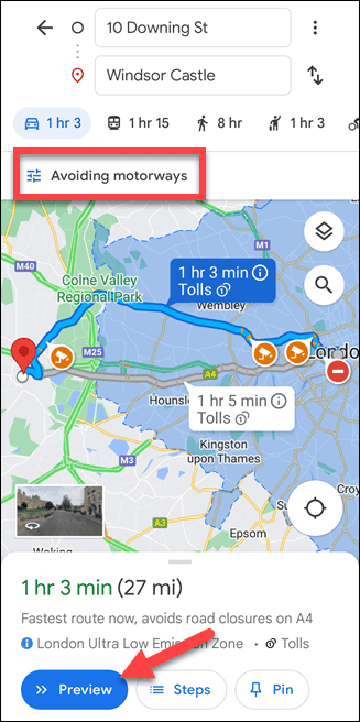 Διαδρομή για κινητά των Χαρτών Google χωρίς αυτοκινητόδρομους