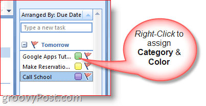 Γραμμή υποχρεώσεων του Outlook 2007 - Κάντε δεξί κλικ στο Task για να επιλέξετε χρώματα και κατηγορία