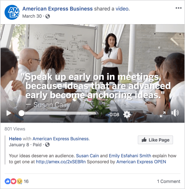Αυτή η διαφήμιση στο Facebook για το American Express Business διαθέτει τη Susan Cain, μια γνωστή ηγετική και ειδική διαχείριση που πέτυχε φήμη με ένα πρόσφατο TED Talk.
