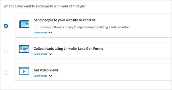 Επιλέξτε τον στόχο της καμπάνιας για την καμπάνια διαφημίσεων βίντεο στο LinkedIn.