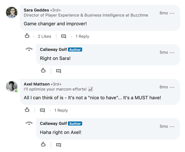 Σχόλια μέλους του LinkedIn για την ανάρτηση του Callaway Golf