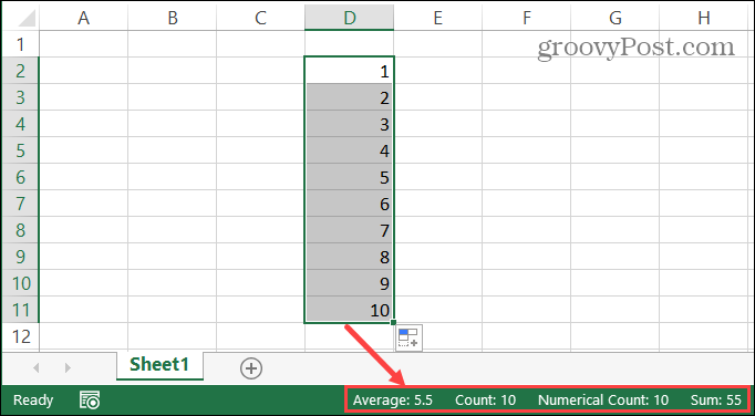 Γραμμή κατάστασης Excel για επιλεγμένα κελιά