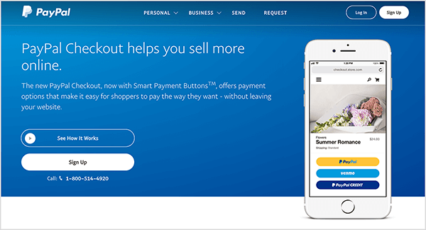 Αυτό είναι ένα στιγμιότυπο οθόνης της ιστοσελίδας της υπηρεσίας PayPal Checkout. Έχει μπλε φόντο και λευκό κείμενο. Ένας τίτλος λέει "Το PayPal Checkout σάς βοηθά να πουλάτε περισσότερα στο διαδίκτυο." Δύο κουμπιά εμφανίζονται κάτω από την επικεφαλίδα: ένα μπλε με την ένδειξη See How It Λειτουργεί και ένα λευκό με την ετικέτα Εγγραφή. Στα δεξιά υπάρχει μια εικόνα smartphone με τη λειτουργία PayPal Checkout σε κινητό δικτυακός τόπος.