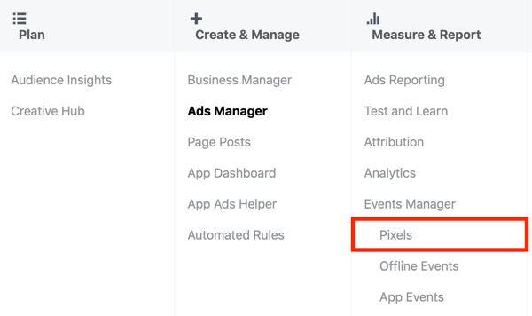 Χρησιμοποιήστε το εργαλείο Facebook Event Setup Tool, βήμα 1, μενού Pixels στο Facebook Ads Manager