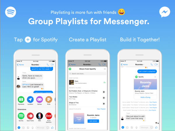 Το Spotify επέκτεινε τη λειτουργικότητα στο bot του Messenger για να επιτρέπει σε ομάδες να δημιουργούν λίστες αναπαραγωγής απευθείας από την εφαρμογή Messenger.