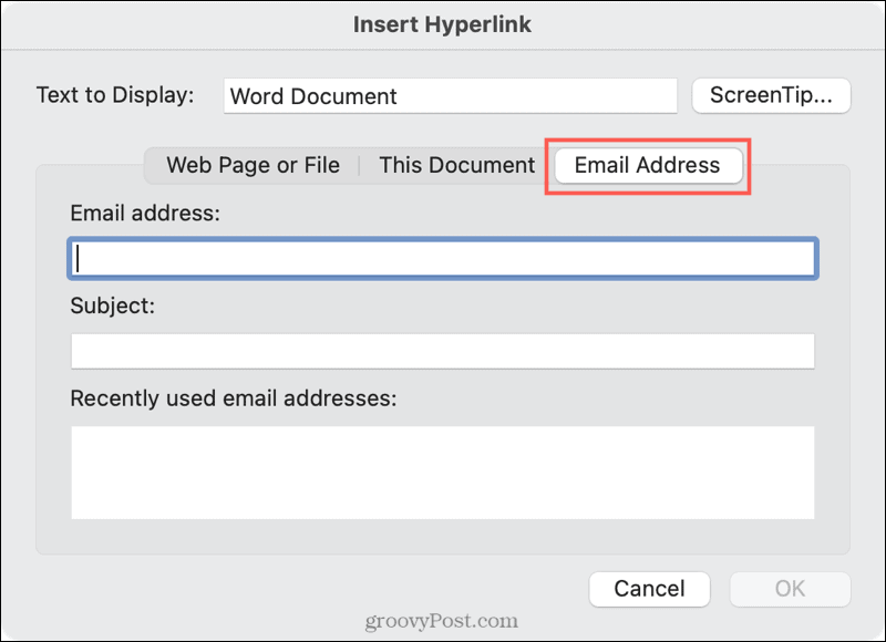 Σύνδεση με ένα email στο Word σε Mac