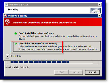 Αποδοχή της εγκατάστασης του προγράμματος οδήγησης του MagicISO στον Server 2008
