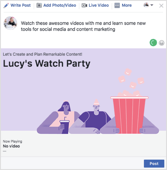 Κάντε κλικ στην επιλογή Δημοσίευση για να δημοσιεύσετε την ανάρτηση του Facebook Watch Party.