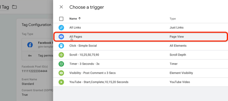 google tag manager new tag with select a trigger menu options με επιλεγμένες και επισημασμένες όλες τις σελίδες