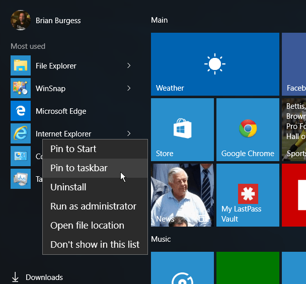 IE Έναρξη μενού Windows 10