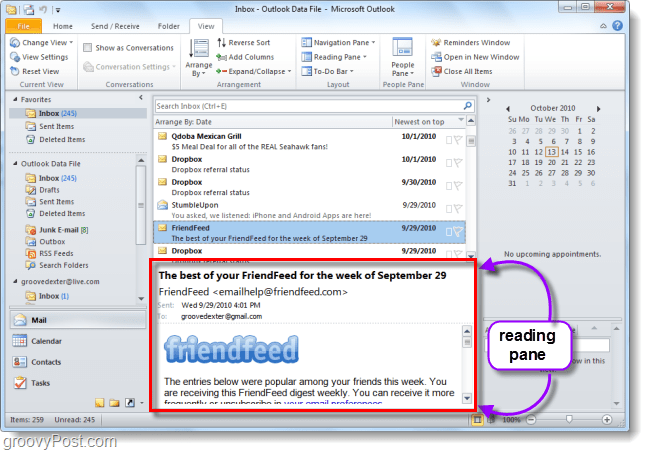 προεπιλεγμένο παράθυρο email για το Outlook 2010