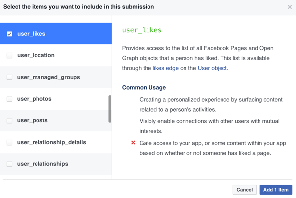 Επιλέξτε ποια στοιχεία θέλετε να συμπεριλάβετε στην υποβολή της εφαρμογής σας στο Facebook.