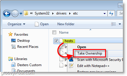 Windows 7 screenshot - χρησιμοποιήστε το δεξί κλικ μενού περιβάλλοντος για να πάρετε την κυριότητα οποιουδήποτε αρχείου στα παράθυρα 7