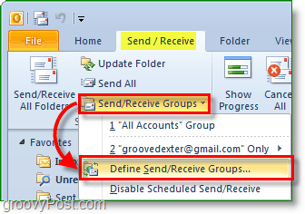 Στιγμιότυπο οθόνης του Outlook 2010 - αποστολή και λήψη ομάδων - ορισμός ομάδων