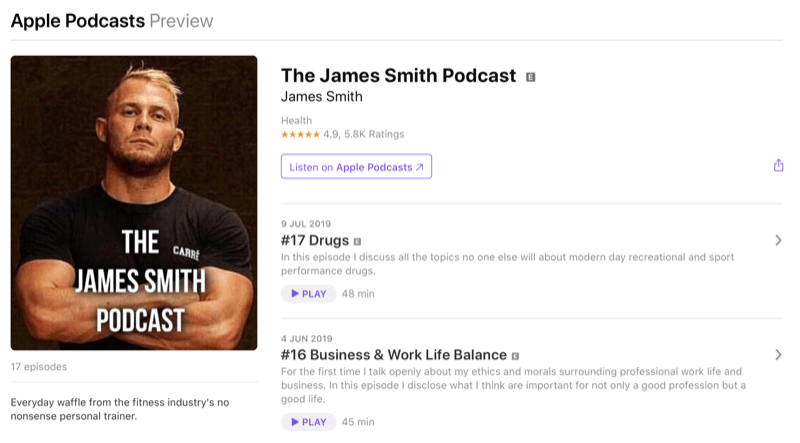 Στρατηγική μάρκετινγκ κοινωνικών μέσων; Στιγμιότυπο οθόνης του podcast του James Smith στα Apple Podcasts. Ο Τζέιμς είναι ένας γνωστός επηρεαστής στο γυμναστήριο.