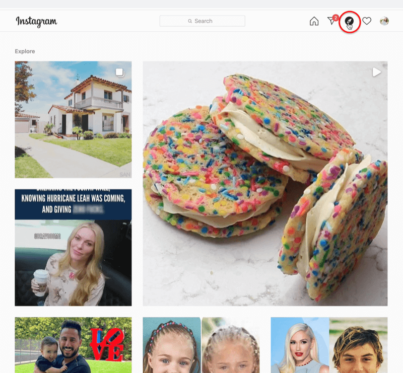 στιγμιότυπο οθόνης του instagram με επισημασμένο το εικονίδιο τροφοδοσίας πυξίδας εξερεύνησης και δειγματοληψία πολλών δημοσιεύσεων instagram