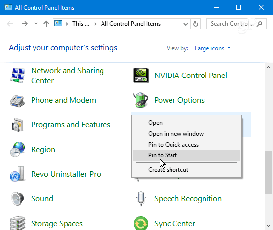 Στοιχείο πίνακα ελέγχου ακίδων Windows 10 Έναρξη