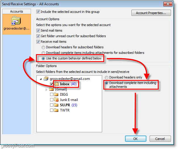 Στιγμιότυπο οθόνης του Outlook 2010 - τα εισερχόμενα χρησιμοποιούν προσαρμοσμένη συμπεριφορά λήψης ολοκληρωμένου στοιχείου