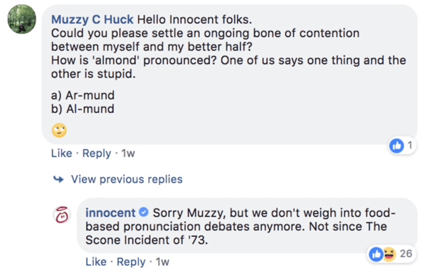 Παράδειγμα Innocent που απαντά σε μια ερώτηση σχολίου σε μια ανάρτηση στο Facebook.