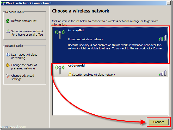 Μενού των Windows XP για να επιλέξετε ένα στιγμιότυπο οθόνης ασύρματου δικτύου:: groovyPost.com