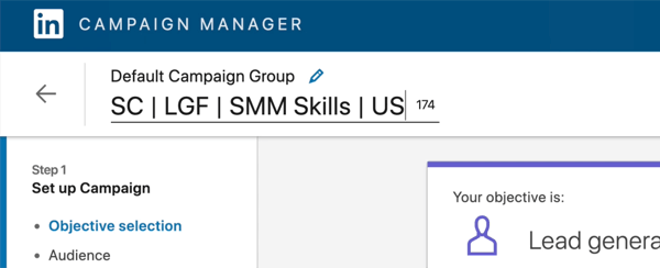 το στιγμιότυπο οθόνης του ονόματος καμπάνιας του LinkedIn τροποποιήθηκε για να πει "SC | LGF | Δεξιότητες SMM | ΜΑΣ