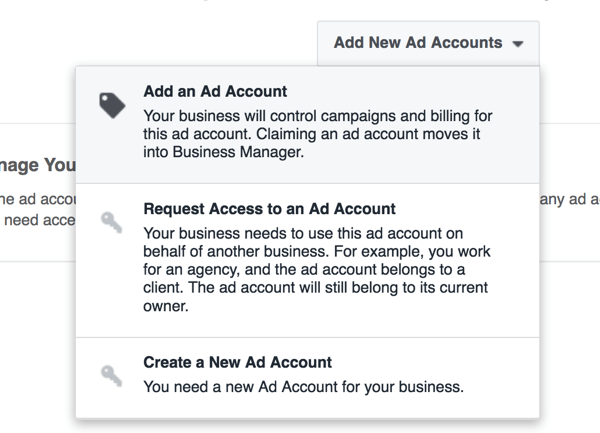 Ορίστε την επιλογή για να δημιουργήσετε έναν νέο λογαριασμό διαφήμισης στο Business Manager.
