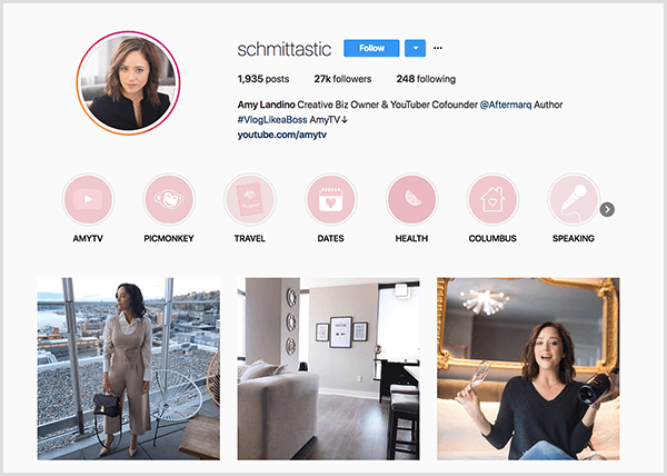 Το προφίλ Instagram της Amy Landino χρησιμοποιεί τη λαβή schmittastic. Το προφίλ της στο Instagram δείχνει κατηγορίες επισήμανσης για AmyTV, Picmonkey, Travel, Dates, Health, Columbus και Talking. Οι φωτογραφίες δείχνουν εικόνες της Amy.