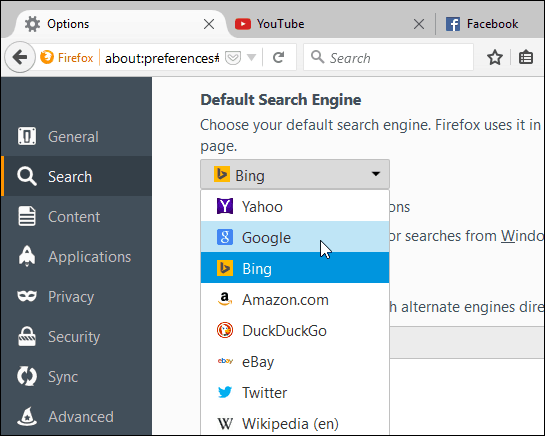 ορίστε τη μηχανή αναζήτησης του Firefox