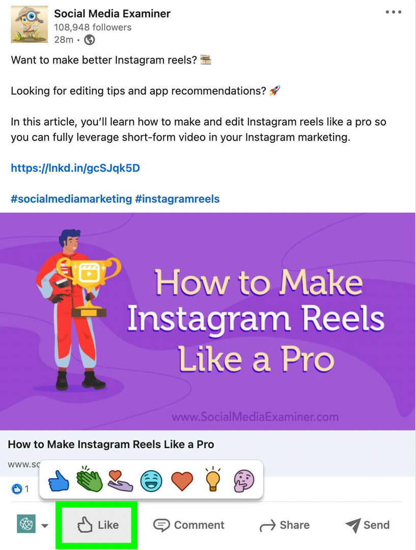 linkedin-company-page-engagement-features-how-to-react-to-content-as-page-like-button-social-media-examiner-step-2