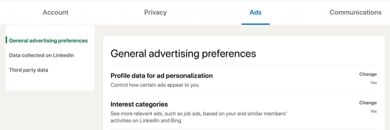 Ρυθμίσεις λογαριασμού μενού Linkedin για γενικές προτιμήσεις διαφήμισης