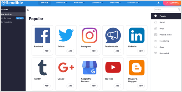 λίστα των δικτύων κοινωνικών μέσων που υποστηρίζονται από το Sendible