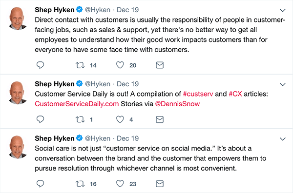 Αυτό είναι ένα στιγμιότυπο οθόνης τριών tweets που έκανε ο Shep Hyken σχετικά με την εξυπηρέτηση πελατών.