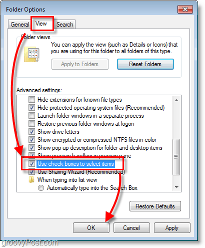 Windows 7 στιγμιότυπο οθόνης - επιλογές φακέλων προβολή και πλαίσια ελέγχου για την επιλογή στοιχείων