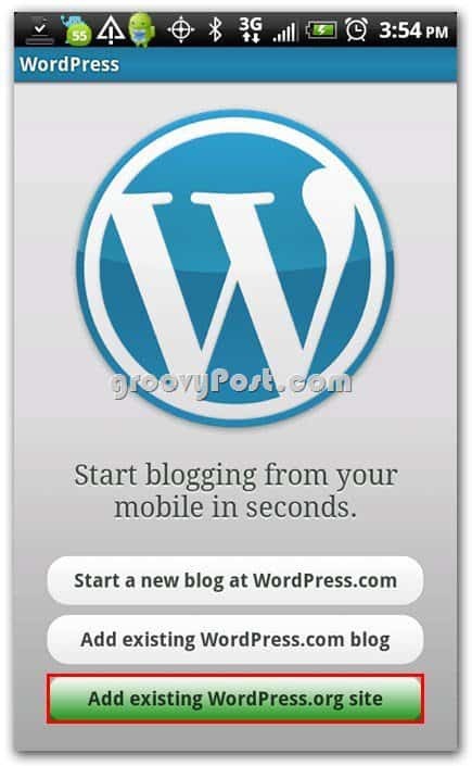 Wordpress στο μενού ρύθμισης Android - Προσθήκη υφιστάμενου ιστότοπου