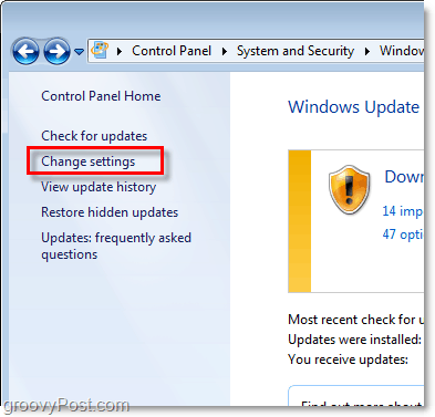 Windows 7 - Στιγμιότυπο οθόνης σύνδεσης παραμέτρων του Windows Update