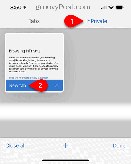 Πατήστε InPrivate και, στη συνέχεια, πατήστε Νέα καρτέλα στο Edge για iOS