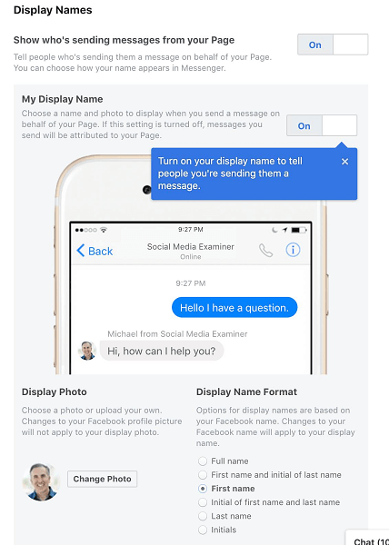 Το Facebook επιτρέπει στους Διαχειριστές σελίδας να επιλέγουν το εμφανιζόμενο όνομά τους όταν χρησιμοποιούν το Messenger για λογαριασμό της Σελίδας ή της επιχείρησής τους.