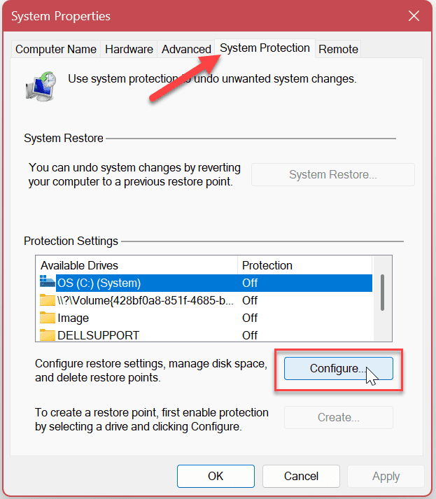 Προστασία συστήματος για μονάδες δίσκου στα Windows 11