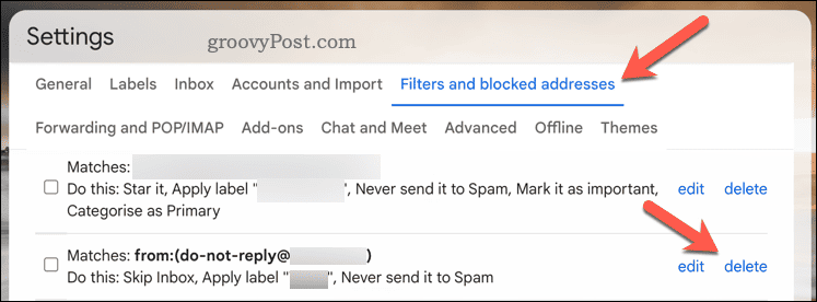 Κουμπί διαγραφής φίλτρου στο Gmail