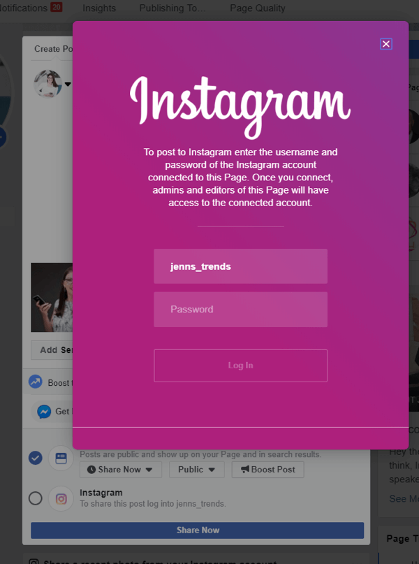 Πώς να κάνετε ανάρτηση στο Instagram από το Facebook στην επιφάνεια εργασίας, βήμα 4, σύνδεση στο Instagram